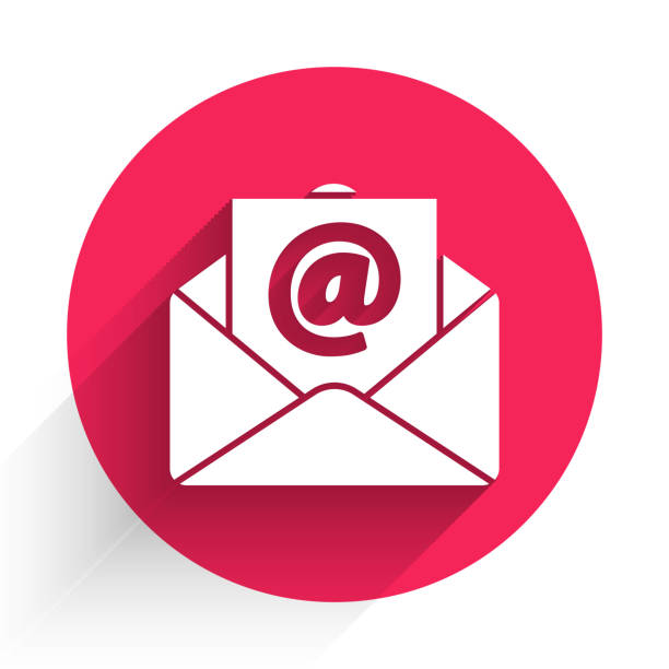 White Mail and e-mail icon isolated with long shadow. Envelope symbol e-mail. Email message sign. Red circle button. Vector Illustration